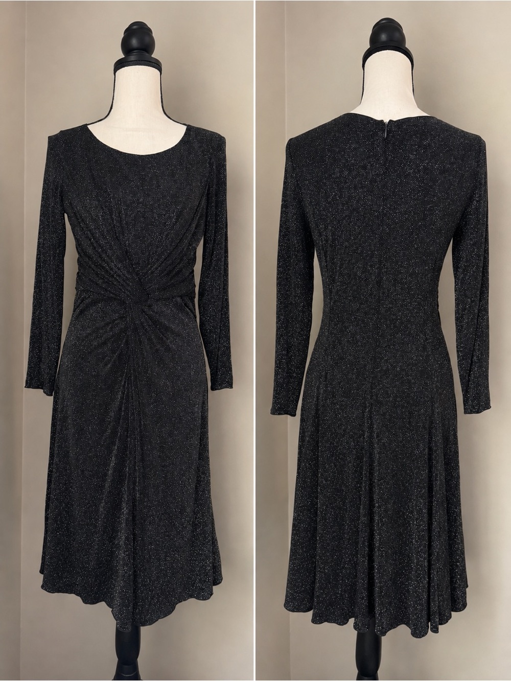 Armani Collezioni | Black Silver Metallic Ruched Twist Cocktail Dress | Size 10